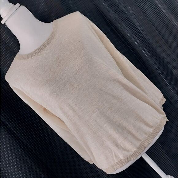 LOFT! LINEN+!CREAMY OATMEAL & GOLD TRIM LIGHTWEIGHT 3/4 SLEEVE SWEATER TOP! SZ S - Picture 9 of 9
